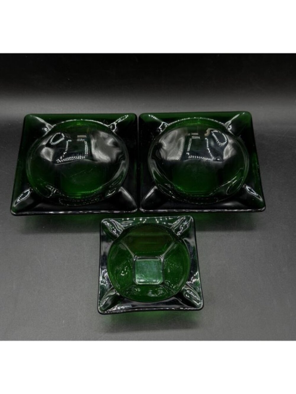 Anchor Hocking Set of 3 Emerald Green Glass Square Ashtrays 3.5" & 4.5”